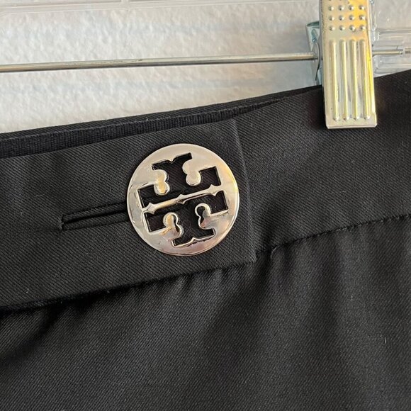 Tory Burch Wide Leg Career Pant Black Large Silver Logo Button Wool Blend Size 8 - Picture 3 of 11